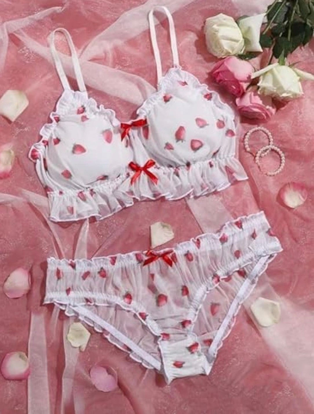 Women Heart Print Mesh Lingerie Set with Bow Detail for Women