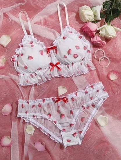 Women Heart Print Mesh Lingerie Set with Bow Detail for Women