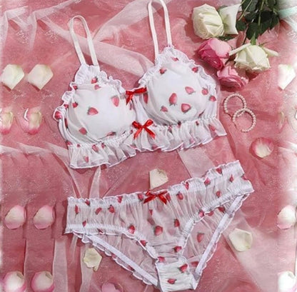 Women Heart Print Mesh Lingerie Set with Bow Detail for Women