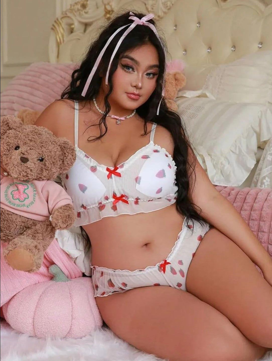 Women Heart Print Mesh Lingerie Set with Bow Detail for Women