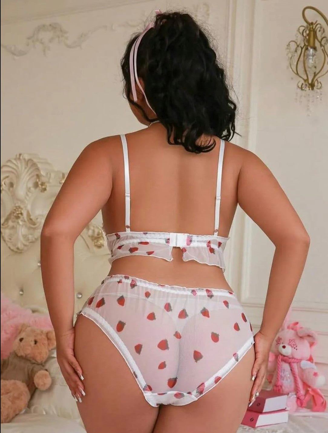 Women Heart Print Mesh Lingerie Set with Bow Detail for Women