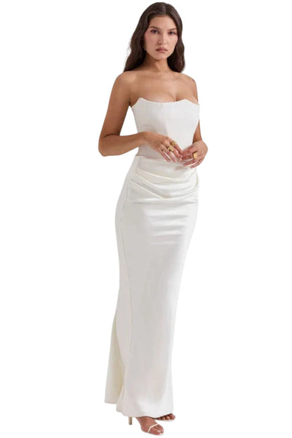 Ivory Satin Corset Column Gown | Strapless Ruched Evening Maxi Dress | Modern Bridal Sheath Gown