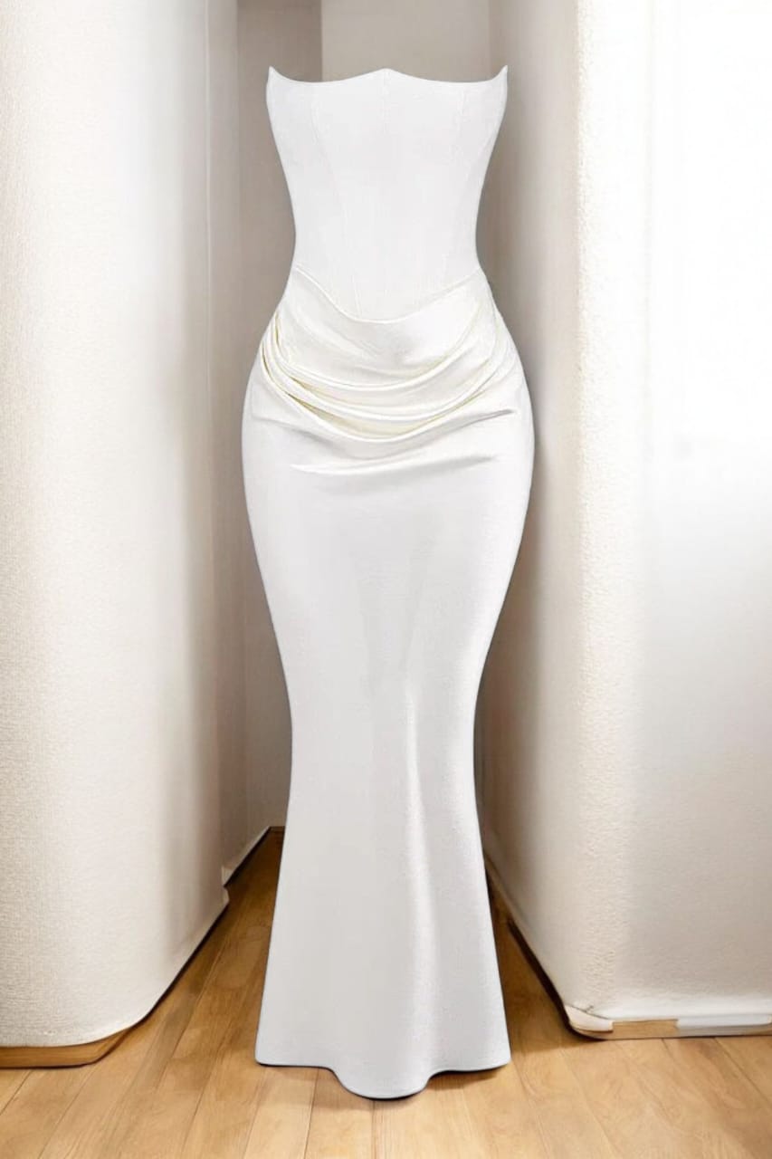 Ivory Satin Corset Column Gown | Strapless Ruched Evening Maxi Dress | Modern Bridal Sheath Gown