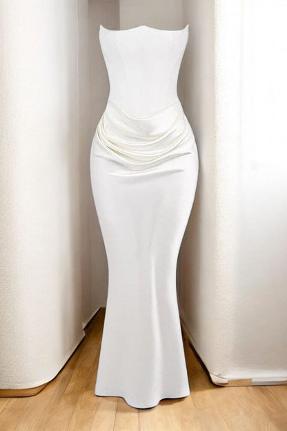 Ivory Satin Corset Column Gown | Strapless Ruched Evening Maxi Dress | Modern Bridal Sheath Gown