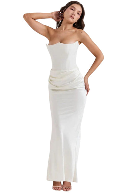Ivory Satin Corset Column Gown | Strapless Ruched Evening Maxi Dress | Modern Bridal Sheath Gown