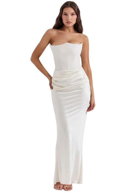 Ivory Satin Corset Column Gown | Strapless Ruched Evening Maxi Dress | Modern Bridal Sheath Gown