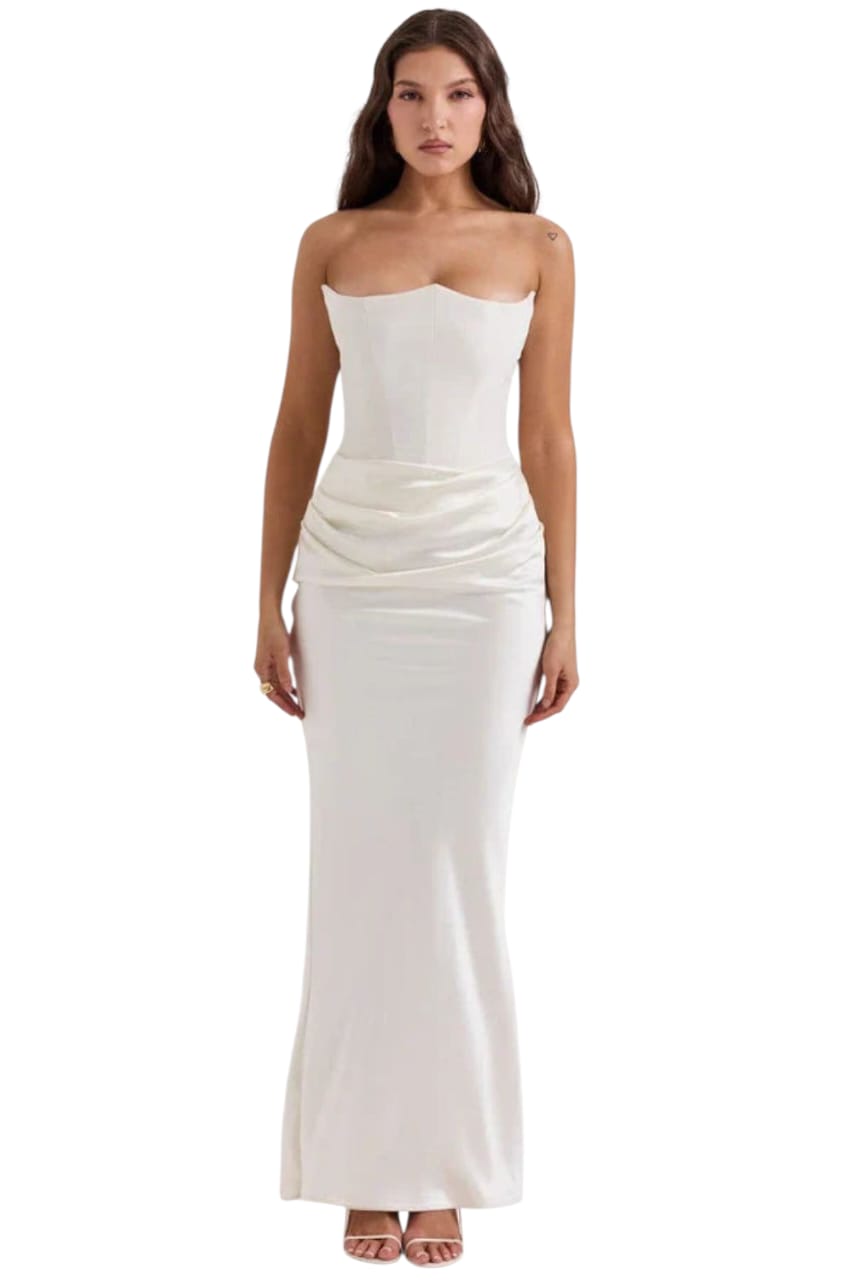 Ivory Satin Corset Column Gown | Strapless Ruched Evening Maxi Dress | Modern Bridal Sheath Gown