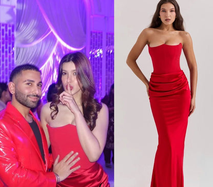 Ruby Strapless Corset Evening Dress | Crimson Elegance Ruched Maxi Gown | Red Satin Hourglass Formal Dress