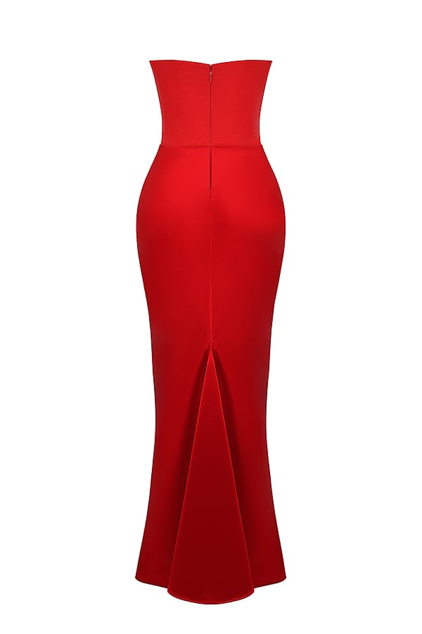 Ruby Strapless Corset Evening Dress | Crimson Elegance Ruched Maxi Gown | Red Satin Hourglass Formal Dress