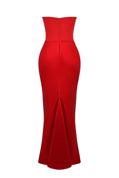Ruby Strapless Corset Evening Dress | Crimson Elegance Ruched Maxi Gown | Red Satin Hourglass Formal Dress
