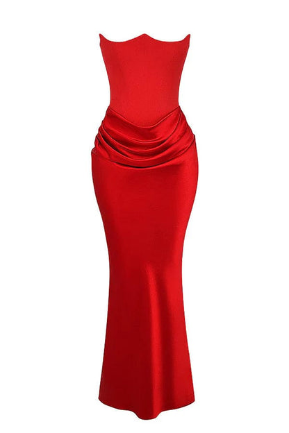 Ruby Strapless Corset Evening Dress | Crimson Elegance Ruched Maxi Gown | Red Satin Hourglass Formal Dress