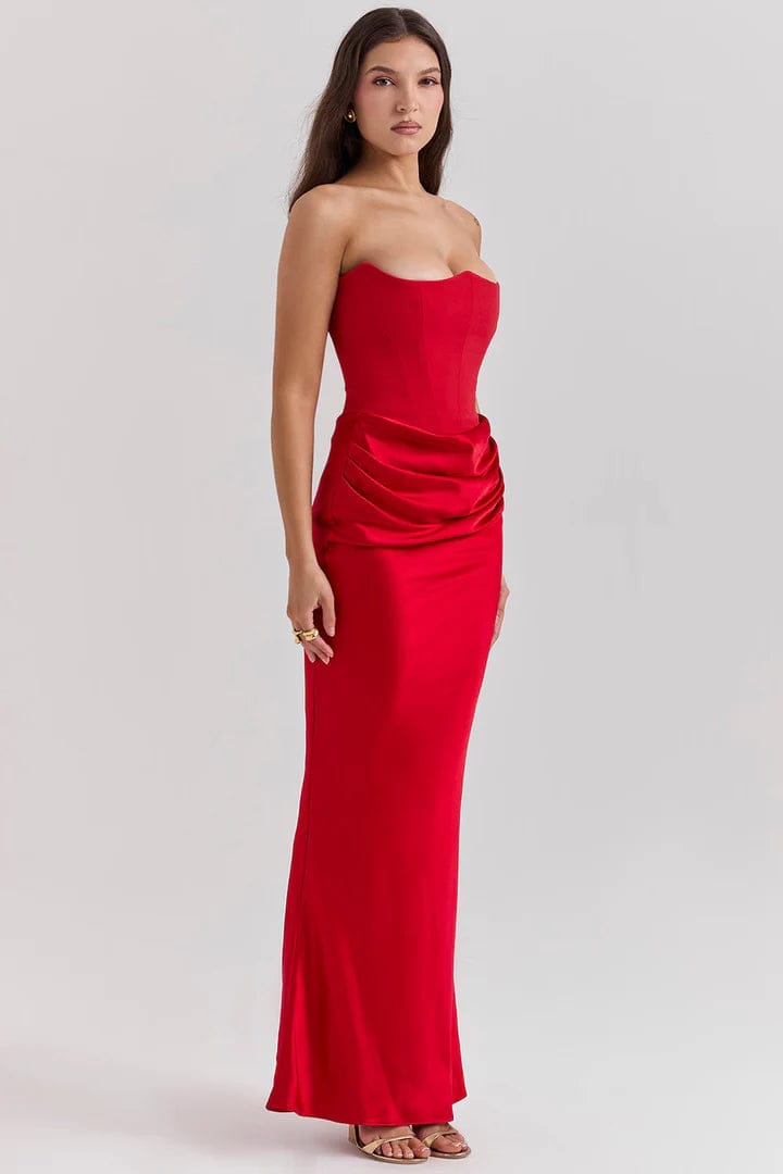 Ruby Strapless Corset Evening Dress | Crimson Elegance Ruched Maxi Gown | Red Satin Hourglass Formal Dress