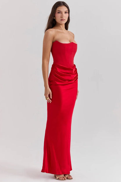 Ruby Strapless Corset Evening Dress | Crimson Elegance Ruched Maxi Gown | Red Satin Hourglass Formal Dress