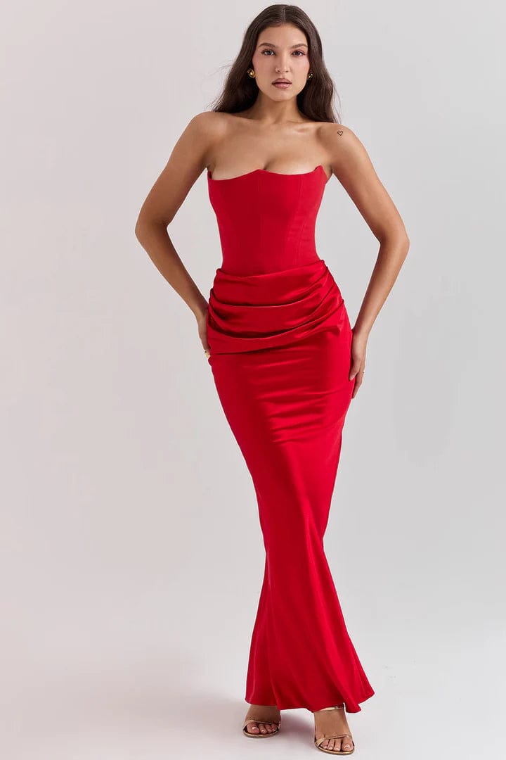 Ruby Strapless Corset Evening Dress | Crimson Elegance Ruched Maxi Gown | Red Satin Hourglass Formal Dress