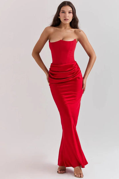 Ruby Strapless Corset Evening Dress | Crimson Elegance Ruched Maxi Gown | Red Satin Hourglass Formal Dress