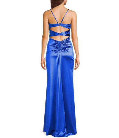 Royal Blue Satin Corset Slit Gown | Elegant Sapphire Satin Evening Dress | Blue Satin Sweetheart Maxi Gown | Luxe Royal Blue Formal Slip Dress