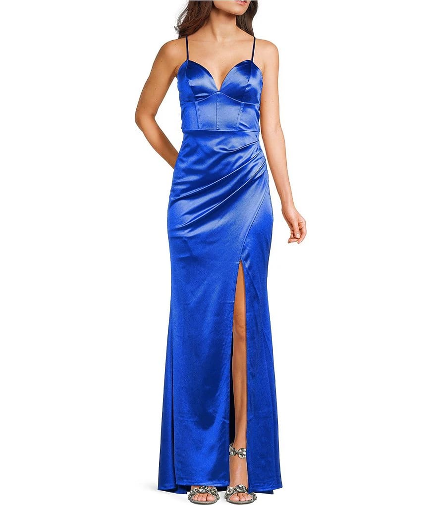 Royal Blue Satin Corset Slit Gown | Elegant Sapphire Satin Evening Dress | Blue Satin Sweetheart Maxi Gown | Luxe Royal Blue Formal Slip Dress
